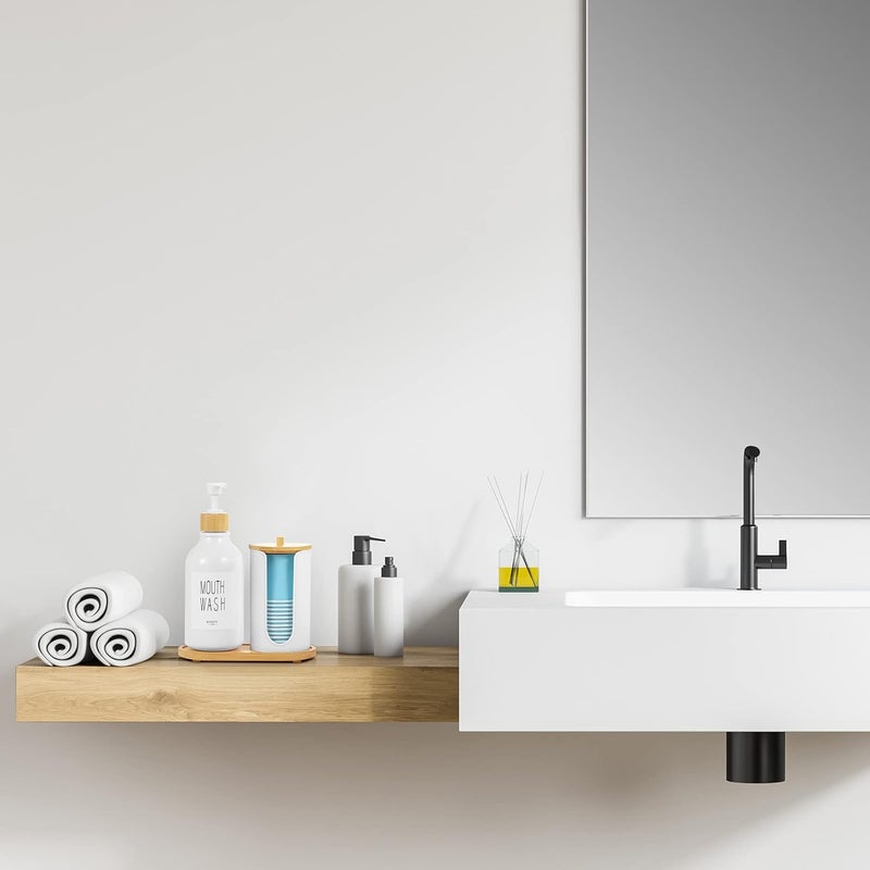 VITVITI Mouthwash Dispenser for Bathroom, Mouth Wash Pump Bottle with Paper Cup Holder, 17Oz Refillable White Mouthwash Container with Bamboo Lid/Tray/Label - Image 4